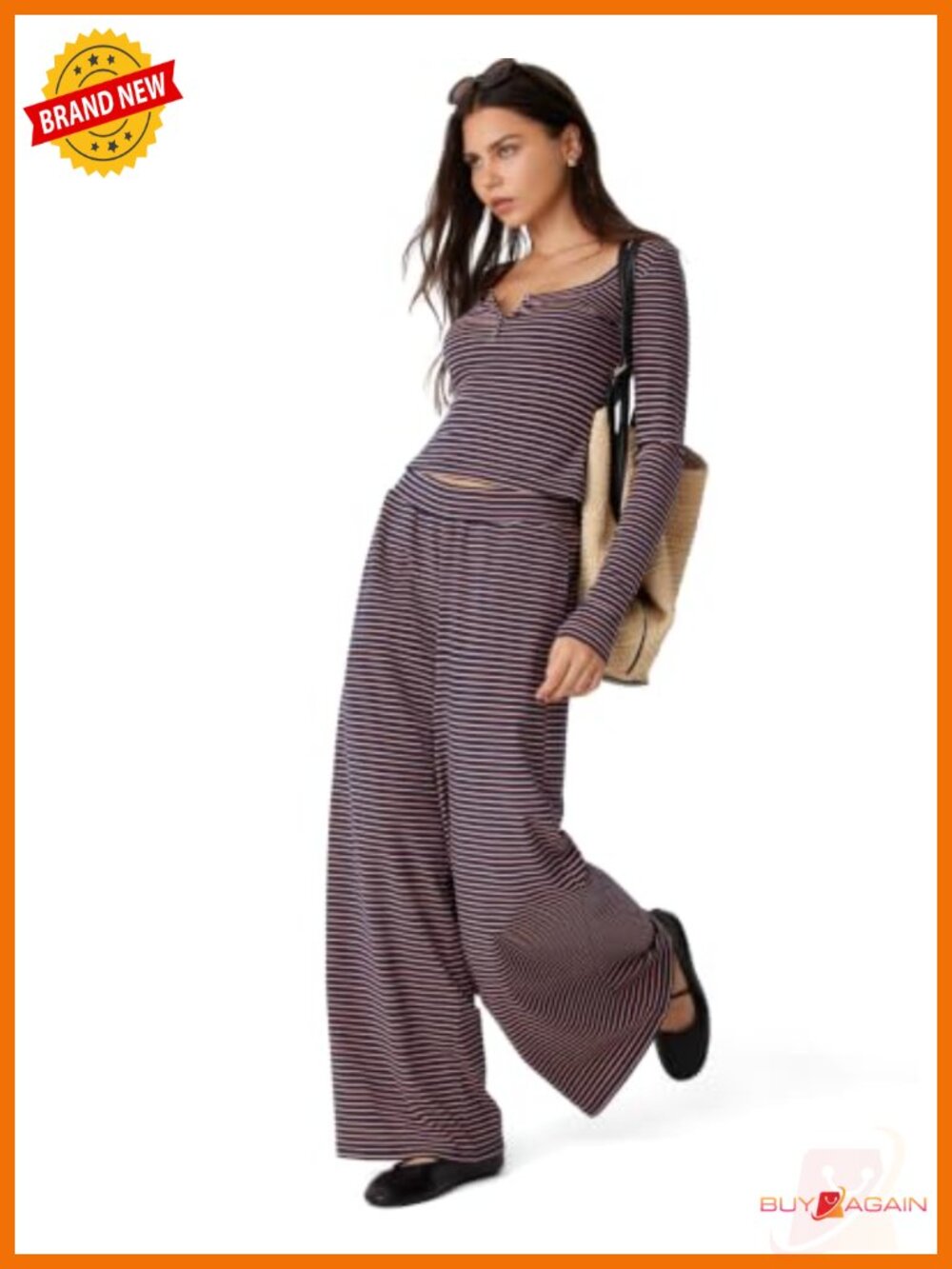 Women's 2-Piece Lounge Set Knit Henley Top Wide Leg Pants with Pockets